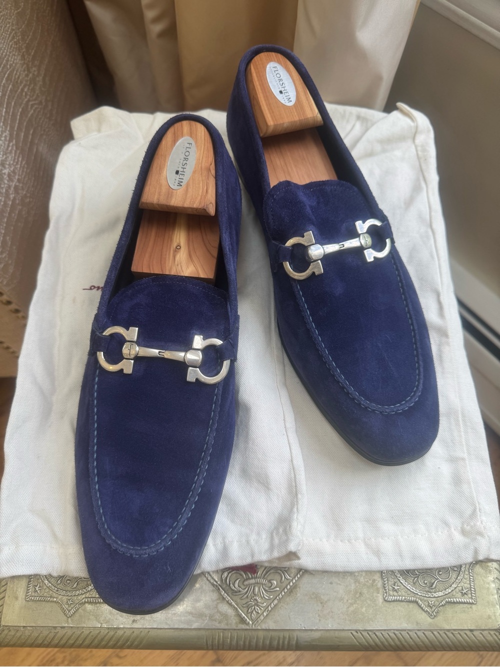 Salvatore Ferragamo Navy Suede Gancini Bit Loafers 12 2E